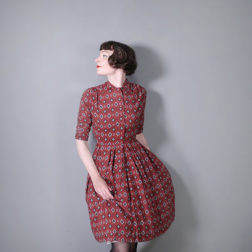 AUTUMNAL BROWN 50s ST MICHAEL GEOMETRIC PRINT SHIRTWAISTER DAY DRESS - XS