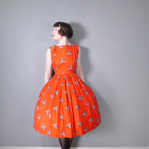 50s RED FLORAL AND GEOMETRIC PRINT FULL SKIRTED COTTON DAY DRESS - S