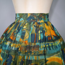 Load image into Gallery viewer, 50s GREEN PAINTERLY EGYPTIAN PRINT NOVELTY FULL SKIRT - 25&quot;