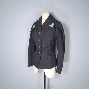 50s SIMON MASSEY GREY WOOL JACKET WITH DECORATIVE EMBROIDERED COLLAR - M