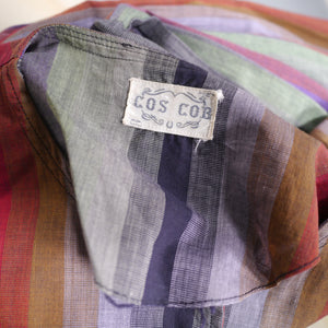 50s 60s COS COB DARK RAINBOW STRIPE SHIRTWAISTER DAY DRESS WITH FULL SKIRT - S