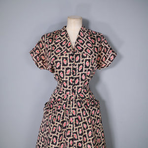 40s TONI TODD BROWN SMALL ROSE PRINT FLORAL DRESS - S