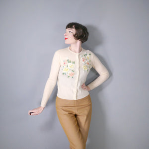 PALE YELLOW WOOL LAURA ASHLEY CARDIGAN WITH ROSE EMBROIDERY AND BEADING - M
