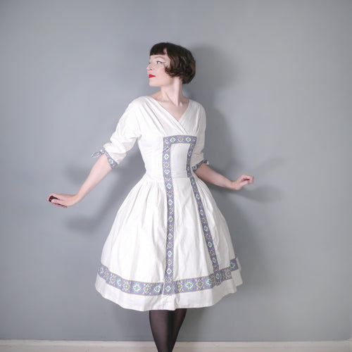 50s FULL SKIRTED COTTON DRESS IN TINY POLKA PRINT WITH BORDER BANDS - S