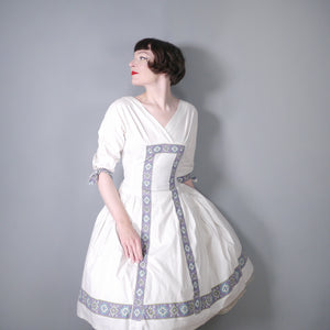 50s FULL SKIRTED COTTON DRESS IN TINY POLKA PRINT WITH BORDER BANDS - S