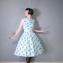 Load image into Gallery viewer, 50s PASTEL BLUE FLORAL COTTON DRESS WITH BIG ROSE BUD PRINT - S-M