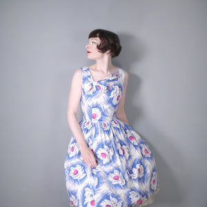 50s BLUE WHITE FLORAL COTTON DAY DRESS WITH ASYMMETRIC NECKLINE AND BOW - S