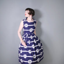 Load image into Gallery viewer, 50s BLUE WHITE RIBBON AND BOW PRINT COTTON DAY DRESS - XS-S