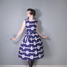 Load image into Gallery viewer, 50s BLUE WHITE RIBBON AND BOW PRINT COTTON DAY DRESS - XS-S