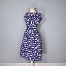 Load image into Gallery viewer, 50s ST MICHAEL MARSPUN DARK BLUE AND WHITE STEMMED ROSE PRINT DRESS - S