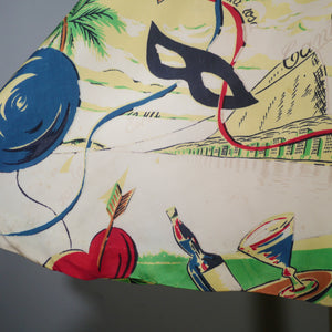50s BRAZILIAN MUSIC MASKS AND RISQUE DANCERS NOVELTY CARNIVAL PRINT CIRCLE SKIRT -26.5"
