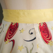 Load image into Gallery viewer, 50s BRAZILIAN MUSIC MASKS AND RISQUE DANCERS NOVELTY CARNIVAL PRINT CIRCLE SKIRT -26.5&quot;