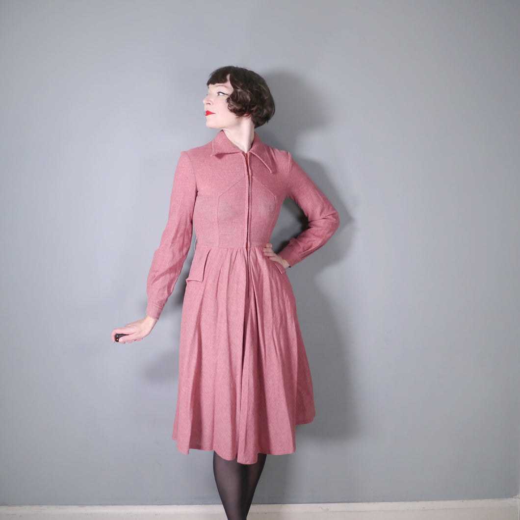 70s does 40s WALLIS WOOL BLEND DUSKY PINK ZIP FRONT DRESS - XS-S