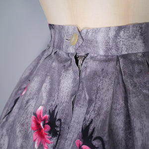 50s GREY FULL SKIRT WITH A LOVELY PINK BIG FLORAL BORDER PRINT - 24-24.5"