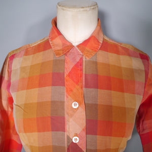 50s 60s "SERBIN" AUTUMNAL ORANGE RED CHECK COTTON DAY DRESS - XS