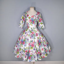 Load image into Gallery viewer, 50s HANDMADE WHITE FLORAL COTTON DRESS WITH FULL CIRCLE SKIRT -M