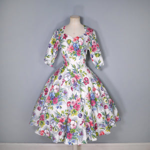 50s HANDMADE WHITE FLORAL COTTON DRESS WITH FULL CIRCLE SKIRT -M