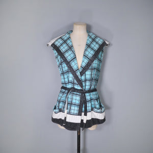 60s BLUE BLACK AND WHITE CHECK TERRY TOWELLING BEACH JACKET - M