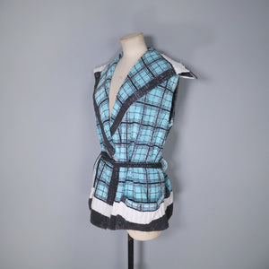 60s BLUE BLACK AND WHITE CHECK TERRY TOWELLING BEACH JACKET - M