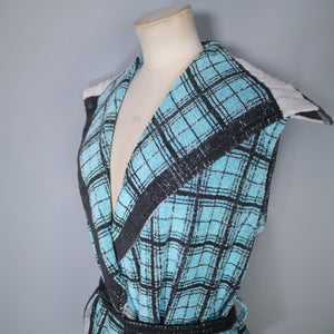 60s BLUE BLACK AND WHITE CHECK TERRY TOWELLING BEACH JACKET - M