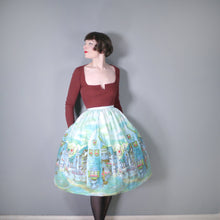 Load image into Gallery viewer, 50s GREEN NOVELTY BORDER PRINT ALPINE CITYSCAPE SKIRT - 32&quot; / Volup