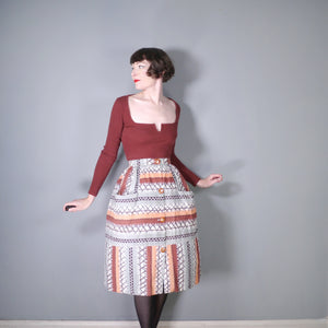 40s 50s "IDEALE" AUTUMNAL BROWN GREY PATTERN BUTTON THROUGH FULL SKIRT - 26"