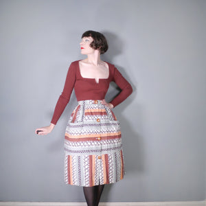 40s 50s "IDEALE" AUTUMNAL BROWN GREY PATTERN BUTTON THROUGH FULL SKIRT - 26"