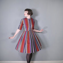 Load image into Gallery viewer, 50s 60s COS COB DARK RAINBOW STRIPE SHIRTWAISTER DAY DRESS WITH FULL SKIRT - S