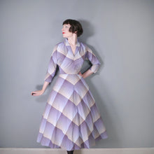 Load image into Gallery viewer, 40s 50s BLUE AND PURPLE CHEVRON CHECK COTTON DAY DRESS - S