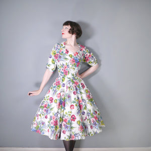 50s HANDMADE WHITE FLORAL COTTON DRESS WITH FULL CIRCLE SKIRT -M