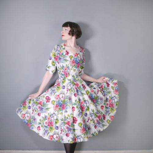 50s HANDMADE WHITE FLORAL COTTON DRESS WITH FULL CIRCLE SKIRT -M