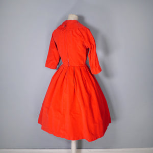 50s 60s BRIGHT RED CORDUROY CORD DRESS WITH FULL SKIRT AND COLLAR - XS