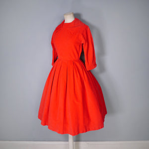 50s 60s BRIGHT RED CORDUROY CORD DRESS WITH FULL SKIRT AND COLLAR - XS