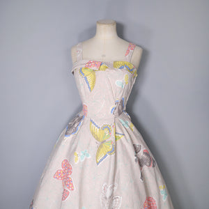 GORGEOUS 50s HANDMADE LARGE BUTTERFLY PRINT FULL SKIRTED SUN DRESS - XS