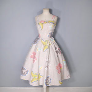 GORGEOUS 50s HANDMADE LARGE BUTTERFLY PRINT FULL SKIRTED SUN DRESS - XS