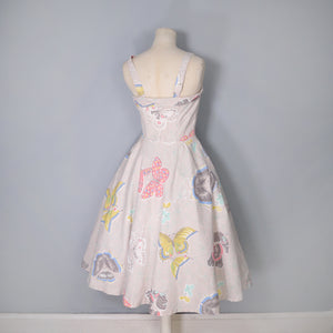 GORGEOUS 50s HANDMADE LARGE BUTTERFLY PRINT FULL SKIRTED SUN DRESS - XS