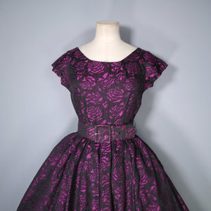 50s HORROCKSES BLACK AND PURPLE FLORAL FULL SKIRTED PARTY DRESS - XS