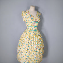 Load image into Gallery viewer, 50s SOFT RAYON YELLOW 50s DRESS WITH GREEN RIBBONS AND BOWS - S-M