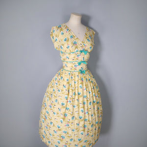 50s SOFT RAYON YELLOW 50s DRESS WITH GREEN RIBBONS AND BOWS - S-M