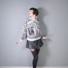 Load image into Gallery viewer, 80s NEWSPAPER NOVELTY PATTERN ACRYLIC BLACK WHITE OVERSIZED JUMPER / SWEATER - L