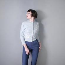 Load image into Gallery viewer, 50s 60s PASTEL BLUE FINE KNIT WOOL CARDIGAN WITH FLORAL BEADWORK - S-M
