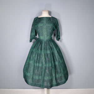 60s DARK GREEN FULL SKIRTED DAY DRESS - XS-S