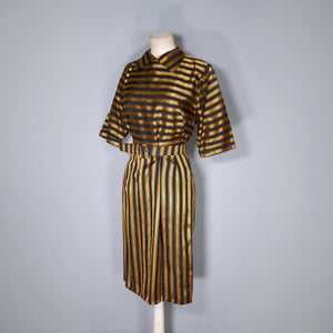 40s GOLD AND BLACK STRIPED FITTED DRESS WITH COLLAR AND CINCH BELT - S