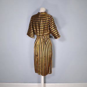 40s GOLD AND BLACK STRIPED FITTED DRESS WITH COLLAR AND CINCH BELT - S