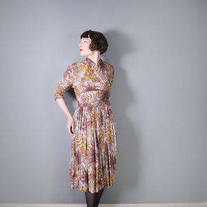LATE 40s AUTUMNAL LEAF PRINT RAYON DRESS WITH BELT - M