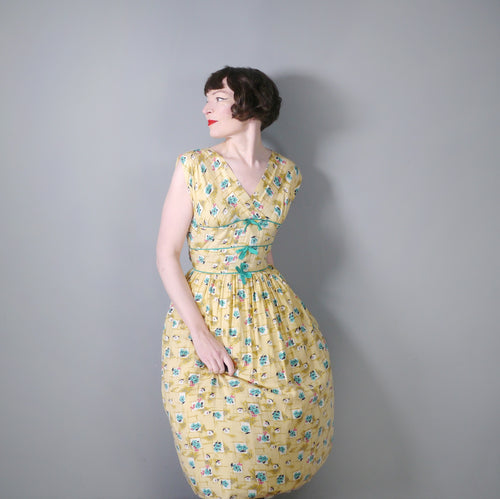 50s SOFT RAYON YELLOW 50s DRESS WITH GREEN RIBBONS AND BOWS - S-M