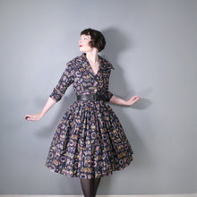 Load image into Gallery viewer, 50s BLACK FLORAL SHIRTWAISTER FULL SKIRT DRESS WITH CROSS STITCH PRINT - S