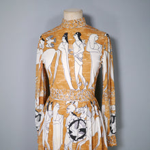 Load image into Gallery viewer, 70s MUSTARD YELLOW HUGE NOVELTY HISTORICAL GREEK PRINT DRESS - XS-S