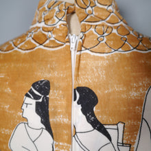 Load image into Gallery viewer, 70s MUSTARD YELLOW HUGE NOVELTY HISTORICAL GREEK PRINT DRESS - XS-S