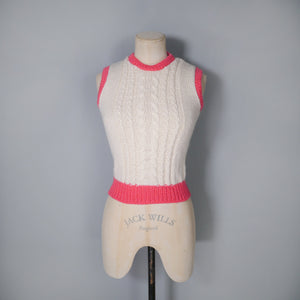 HANDKNITTED SOFT CREAM AND PINK CABLE KNIT TANK TOP / SLEEVELESS JUMPER - XS-S